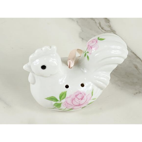Rooster Chicken Potpourri Holder Hanging 4 1/4" Pink Rose Design 90s Porcelain - Picture 2 of 15